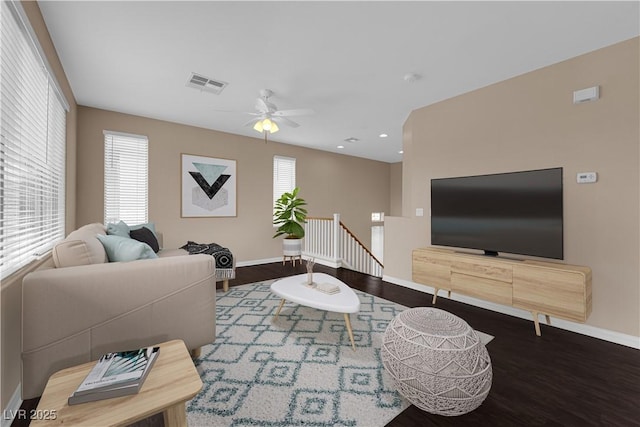 9489 Country Highlands Ct, Las Vegas, NV 89178 - living room with wood finished floors, ceiling fan, healthy amount of natural light, and recessed lighting