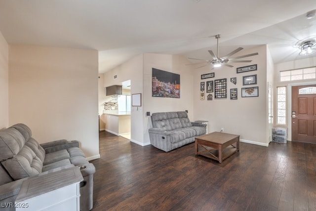 4006 Clove Tree Ct, North Las Vegas, NV 89031 - living area with dark wood-style floors, ceiling fan, and lofted ceiling