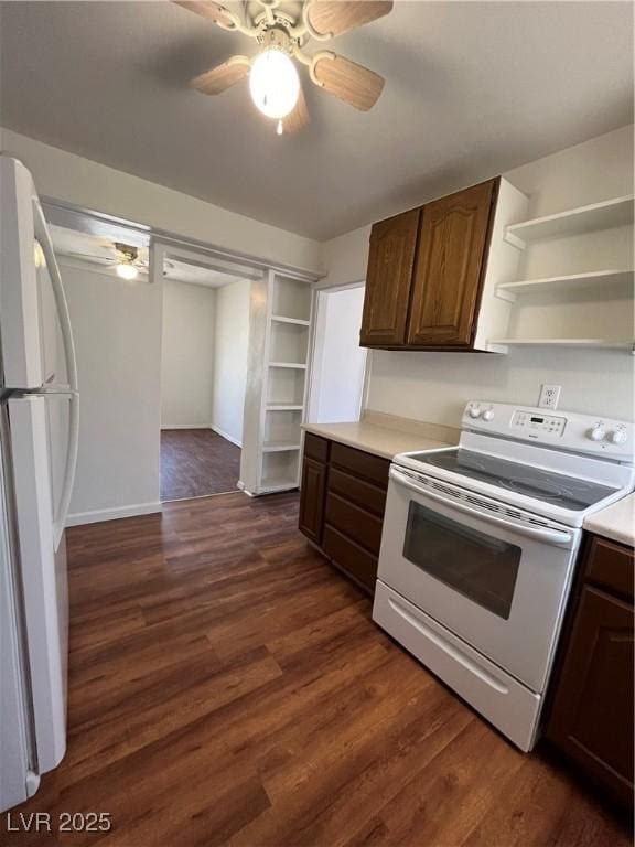 2170 W Gally Rd, Pahrump, NV 89060 - kitchen with white appliances, open shelves, a ceiling fan, and light countertops