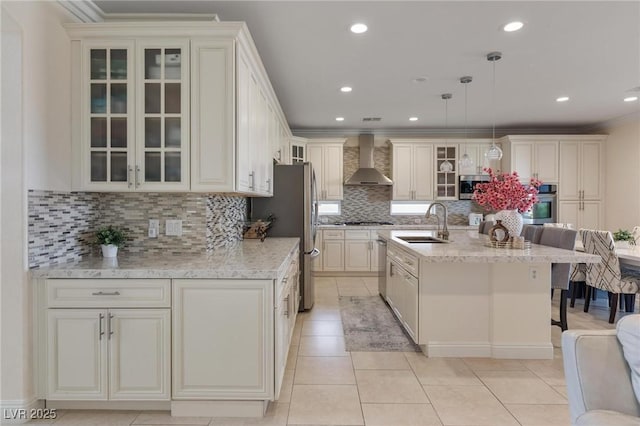 7112 Rancho De Taos Ct, Las Vegas, NV 89130 - kitchen with wall chimney range hood, stainless steel appliances, decorative backsplash, a breakfast bar area, and light tile patterned flooring