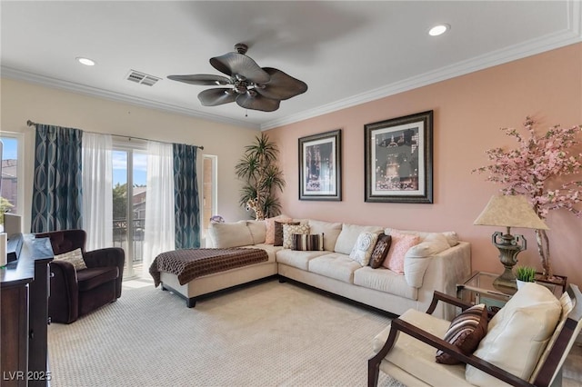 7112 Rancho De Taos Ct, Las Vegas, NV 89130 - carpeted living room with a ceiling fan, ornamental molding, and recessed lighting