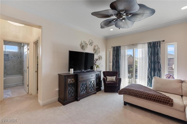 7112 Rancho De Taos Ct, Las Vegas, NV 89130 - bedroom with light colored carpet, crown molding, access to outside, recessed lighting, and a ceiling fan