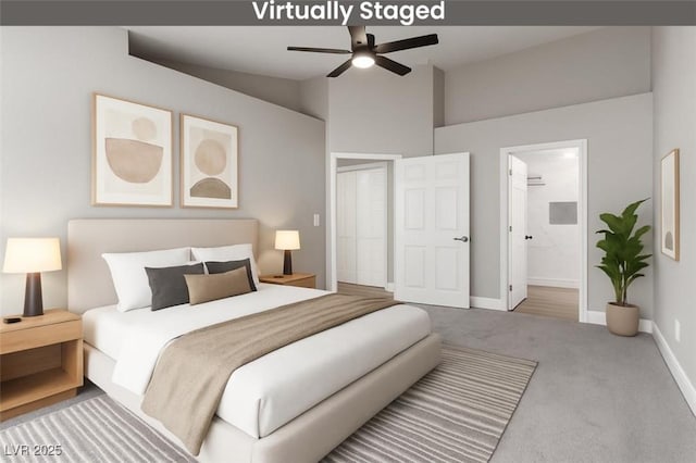 3408 Winterhaven St Unit 203, Las Vegas, NV 89108 - carpeted bedroom featuring lofted ceiling, ceiling fan, and connected bathroom
