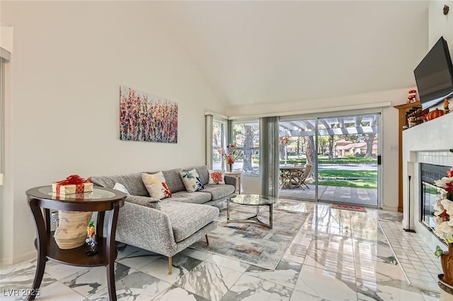7068 Bright Springs Ct, Las Vegas, NV 89113 - living room with marble finish flooring, vaulted ceiling, and a brick fireplace