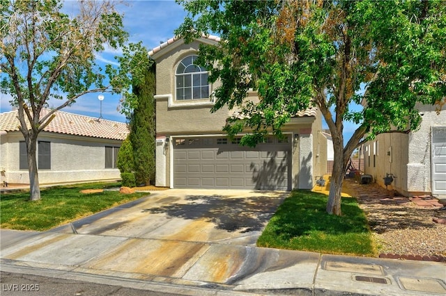 1724 Navajo Lake Way, Las Vegas, NV 89128 - traditional-style home featuring a tile roof, a garage, driveway, and stucco siding