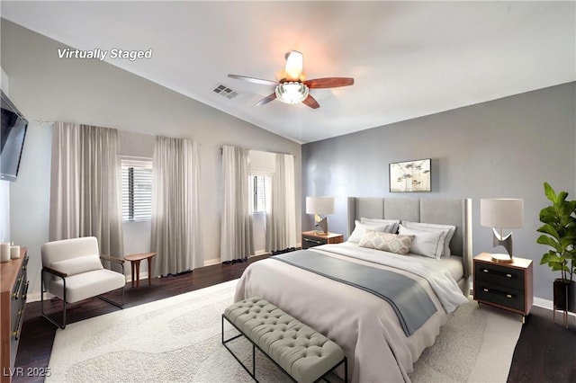 6068 Shyley St Unit 102, Henderson, NV 89011 - bedroom with lofted ceiling, wood finished floors, and ceiling fan