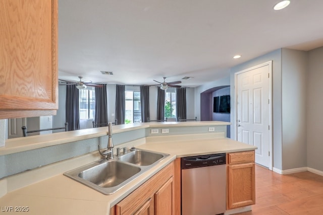 6068 Shyley St Unit 102, Henderson, NV 89011 - kitchen featuring stainless steel dishwasher, recessed lighting, ceiling fan, light countertops, and light wood-style flooring