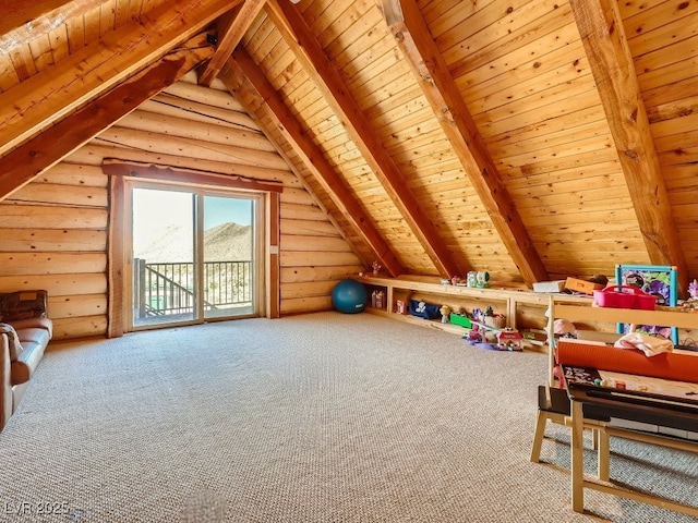 7790 Scottie St, Las Vegas, NV 89166 - playroom with wood ceiling, rustic walls, and carpet floors
