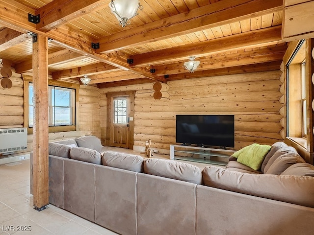 7790 Scottie St, Las Vegas, NV 89166 - living room featuring rustic walls, a wood ceiling with exposed beams, and light tile patterned flooring