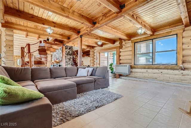 7790 Scottie St, Las Vegas, NV 89166 - tiled living area with a wood ceiling with exposed beams and rustic walls