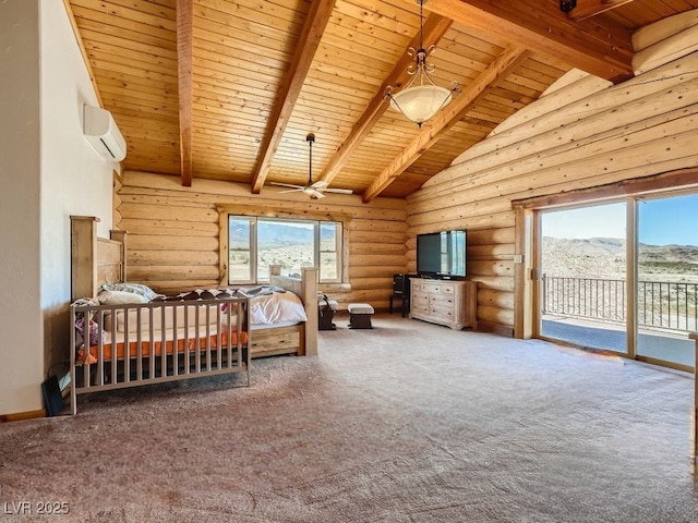 7790 Scottie St, Las Vegas, NV 89166 - bedroom featuring rustic walls, wooden ceiling, a wall mounted AC, access to exterior, and carpet flooring