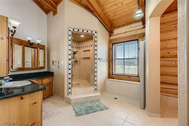 7790 Scottie St, Las Vegas, NV 89166 - full bath featuring vanity, a tile shower, wooden ceiling, tile patterned floors, and vaulted ceiling