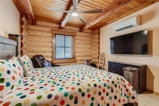 7790 Scottie St, Las Vegas, NV 89166 - tiled bedroom with a wall unit AC, log walls, a wooden ceiling with exposed beams, and ceiling fan
