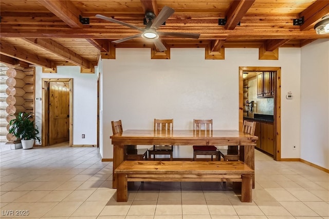 7790 Scottie St, Las Vegas, NV 89166 - dining room featuring a wooden ceiling with exposed beams, light tile patterned flooring, and a ceiling fan