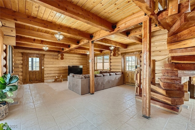 7790 Scottie St, Las Vegas, NV 89166 - unfurnished living room with log walls, plenty of natural light, a wood ceiling with exposed beams, and light tile patterned flooring