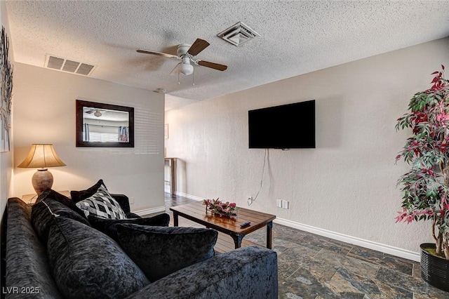 3912 Palos Verdes St, Las Vegas, NV 89119 - living room featuring a ceiling fan, stone finish flooring, and a textured ceiling