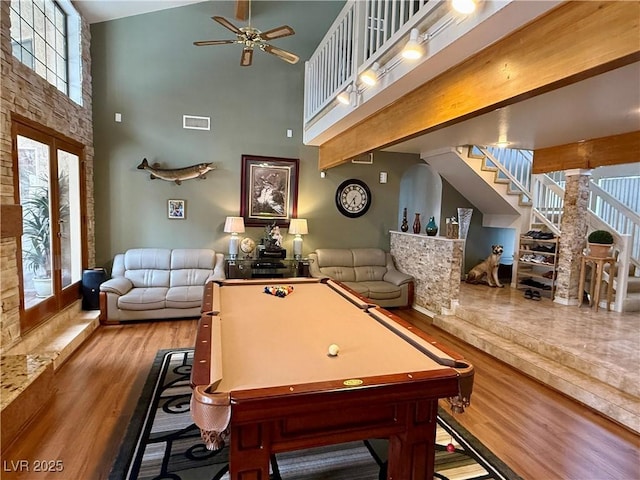 2975 Montessouri St, Las Vegas, NV 89117 - rec room with a high ceiling, wood finished floors, billiards, and a ceiling fan