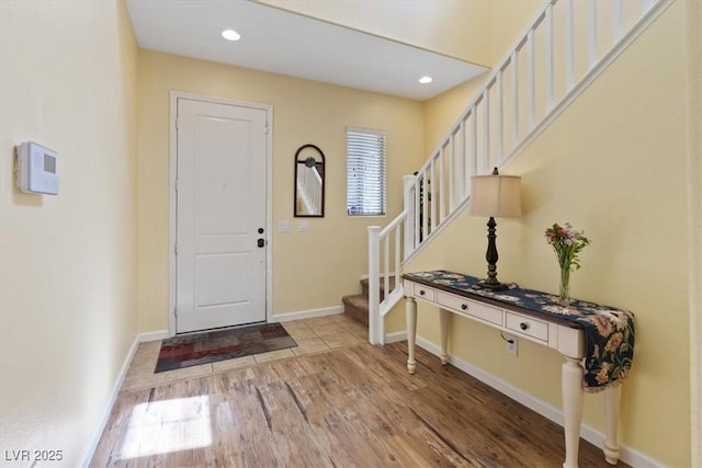 9305 Briar Bridge Ave, Las Vegas, NV 89148 - foyer with stairs, light wood-style flooring, and recessed lighting