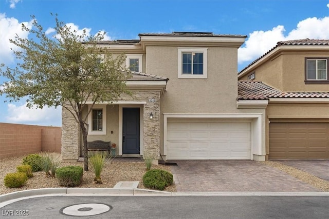 9305 Briar Bridge Ave, Las Vegas, NV 89148 - view of front of home featuring a tile roof, stucco siding, solar panels, and a garage