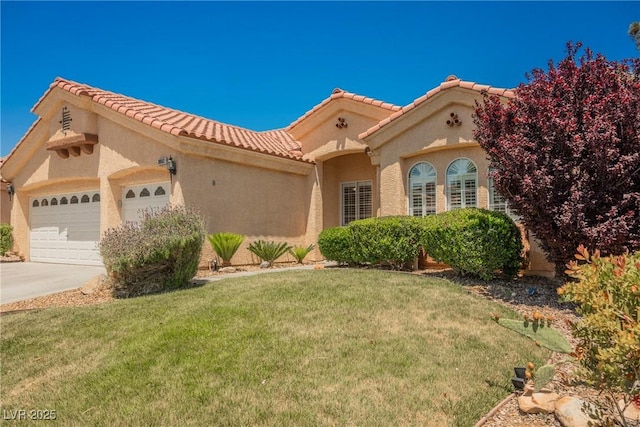 3882 Genoa Dr, Las Vegas, NV 89141 - mediterranean / spanish house featuring a garage, stucco siding, concrete driveway, a front yard, and a tiled roof