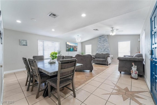 2690 Diamante Cir, Las Vegas, NV 89121 - dining room featuring light tile patterned floors, vaulted ceiling, ceiling fan, and recessed lighting