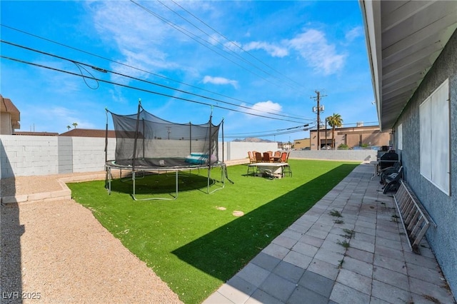 2690 Diamante Cir, Las Vegas, NV 89121 - fenced backyard featuring a trampoline and a patio area