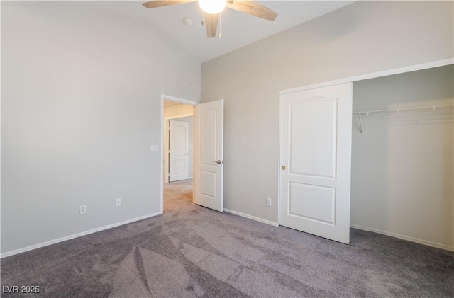 8424 Willowleaf Ct, Las Vegas, NV 89128 - unfurnished bedroom featuring carpet floors, a closet, high vaulted ceiling, and a ceiling fan