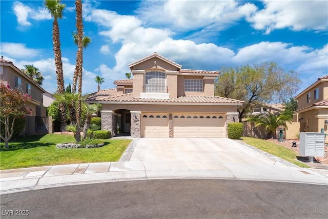 8424 Willowleaf Ct, Las Vegas, NV 89128 - mediterranean / spanish house with a tiled roof, stucco siding, concrete driveway, an attached garage, and stone siding