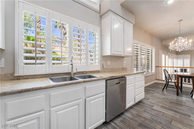 8424 Willowleaf Ct, Las Vegas, NV 89128 - kitchen featuring dishwasher, a chandelier, white cabinetry, plenty of natural light, and recessed lighting