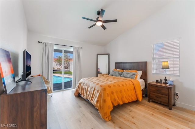 7909 Lovely Pine Pl, Las Vegas, NV 89143 - bedroom featuring access to outside, light wood-type flooring, lofted ceiling, and ceiling fan