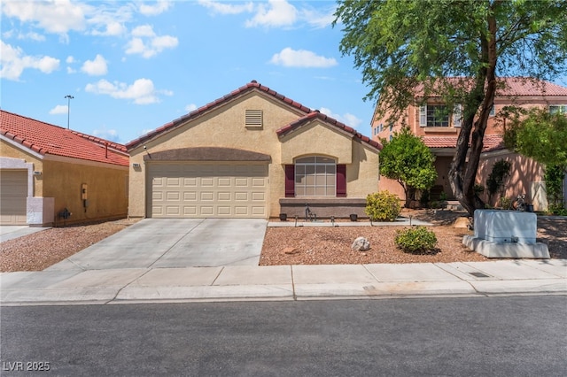 7909 Lovely Pine Pl, Las Vegas, NV 89143 - mediterranean / spanish-style house featuring stucco siding, concrete driveway, a garage, and a tiled roof