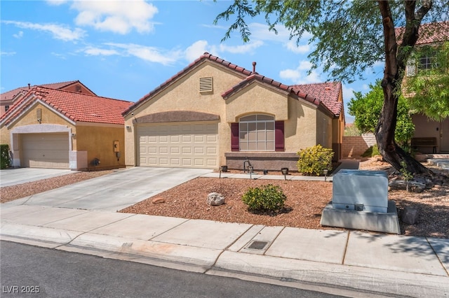 7909 Lovely Pine Pl, Las Vegas, NV 89143 - mediterranean / spanish-style house with stucco siding, a garage, a tile roof, and concrete driveway