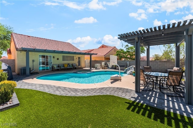 7909 Lovely Pine Pl, Las Vegas, NV 89143 - view of pool with a fenced backyard, a pergola, a pool with connected hot tub, and a patio