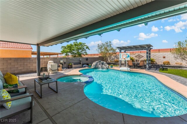 7909 Lovely Pine Pl, Las Vegas, NV 89143 - view of pool with a pergola, a patio area, a fenced backyard, and a pool with connected hot tub