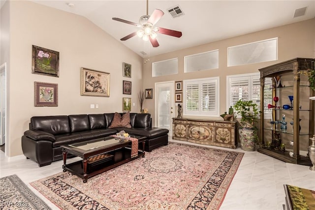 3938 Redfield Ave, North Las Vegas, NV 89032 - living area featuring ceiling fan and vaulted ceiling