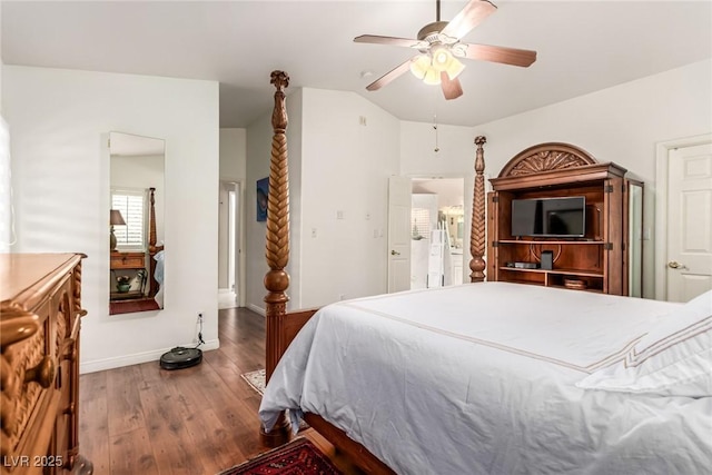 3938 Redfield Ave, North Las Vegas, NV 89032 - bedroom featuring wood finished floors, vaulted ceiling, and a ceiling fan