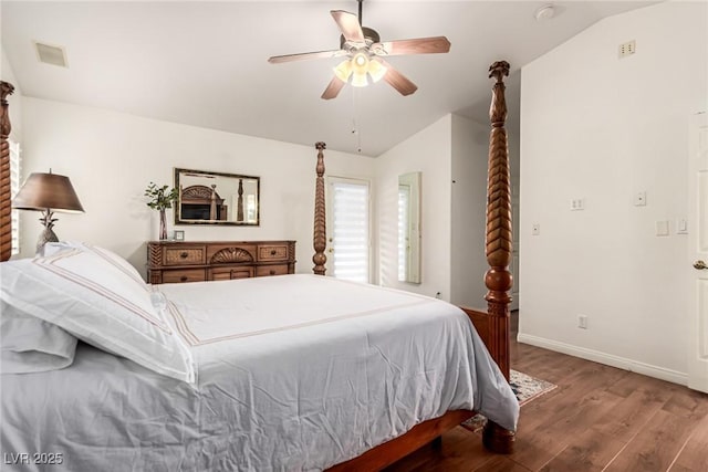 3938 Redfield Ave, North Las Vegas, NV 89032 - bedroom featuring vaulted ceiling, wood finished floors, and a ceiling fan