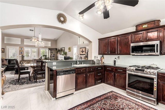 3938 Redfield Ave, North Las Vegas, NV 89032 - kitchen featuring stainless steel appliances, lofted ceiling, ceiling fan, open floor plan, and dark brown cabinets