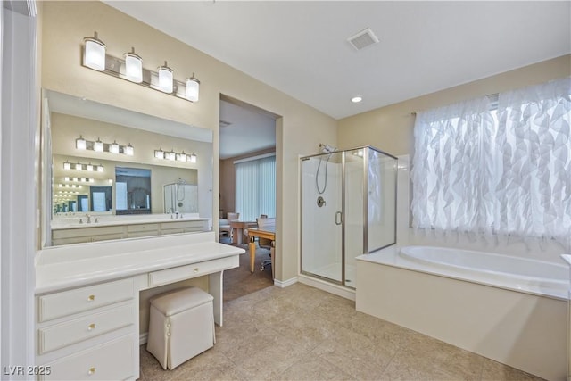 1084 Via Della Costrella, Henderson, NV 89011 - full bath with a bath, a shower stall, vanity, tile patterned flooring, and recessed lighting