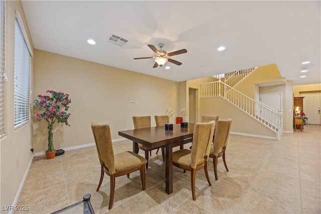 1084 Via Della Costrella, Henderson, NV 89011 - dining room with stairs, ceiling fan, recessed lighting, and light tile patterned floors