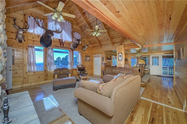 1458 W 6400 S, Cedar City, UT 84720 - living room featuring hardwood / wood-style flooring, ceiling fan, a wood ceiling with exposed beams, wood walls, and high vaulted ceiling