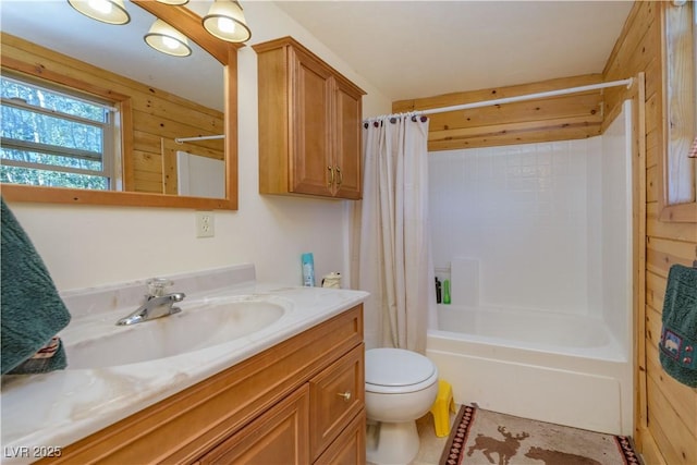 1458 W 6400 S, Cedar City, UT 84720 - bathroom with vanity, shower / tub combo with curtain, and wooden walls