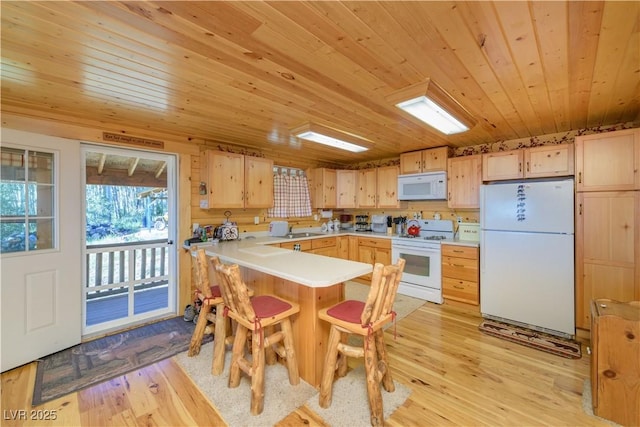 1458 W 6400 S, Cedar City, UT 84720 - kitchen featuring white appliances, light brown cabinetry, a peninsula, wooden ceiling, and light wood-style flooring