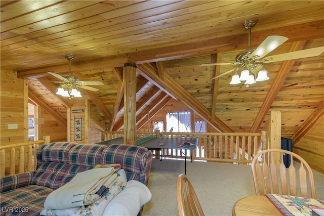 1458 W 6400 S, Cedar City, UT 84720 - carpeted living area with a ceiling fan, wooden ceiling, wood walls, and lofted ceiling