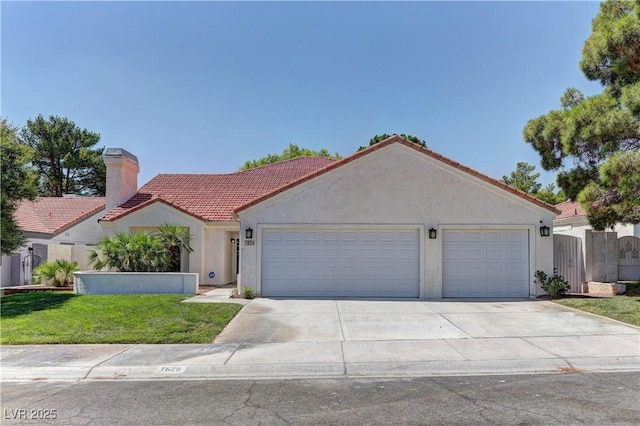 7629 Oyster Cove Dr, Las Vegas, NV 89128 - view of front of property with a tiled roof, an attached garage, a chimney, stucco siding, and concrete driveway