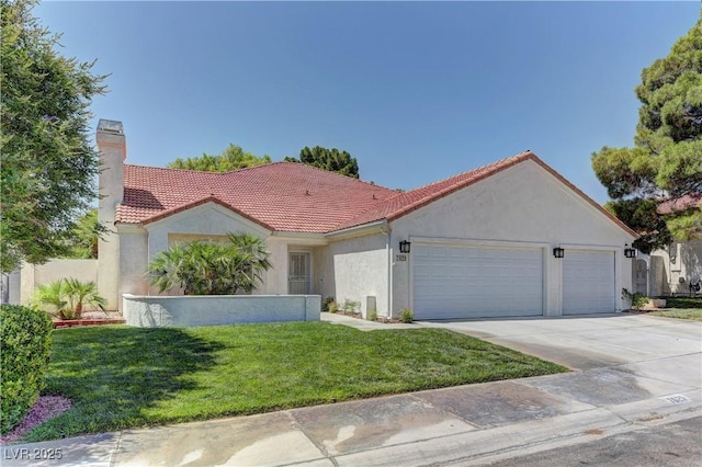 7629 Oyster Cove Dr, Las Vegas, NV 89128 - mediterranean / spanish-style home featuring a garage, a tiled roof, stucco siding, driveway, and a front yard