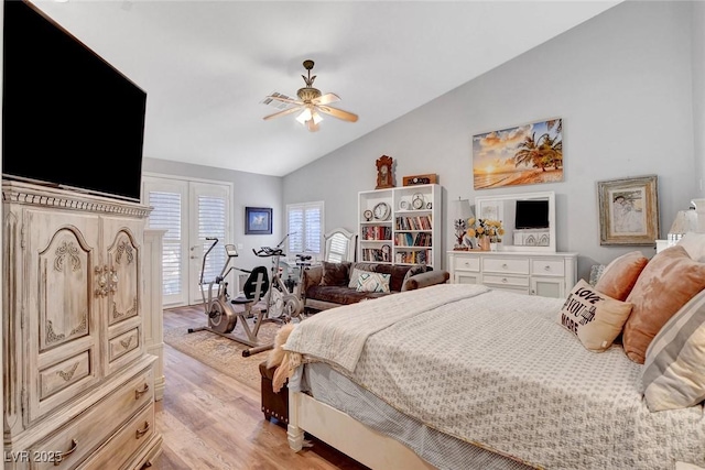 9553 Gainey Ranch Ave, Las Vegas, NV 89147 - bedroom featuring lofted ceiling, access to exterior, light wood-style floors, and a ceiling fan