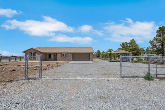 1770 W Charleston Park Ave, Pahrump, NV 89048 - single story home with driveway, a garage, a gate, stucco siding, and a carport