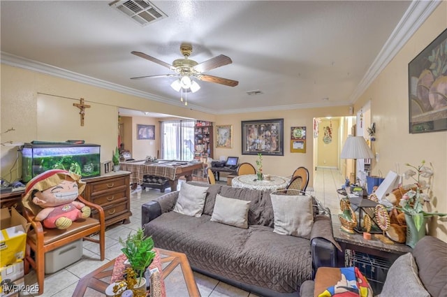 111 Narcissus Ln, Las Vegas, NV 89107 - living room featuring light tile patterned floors, crown molding, and ceiling fan