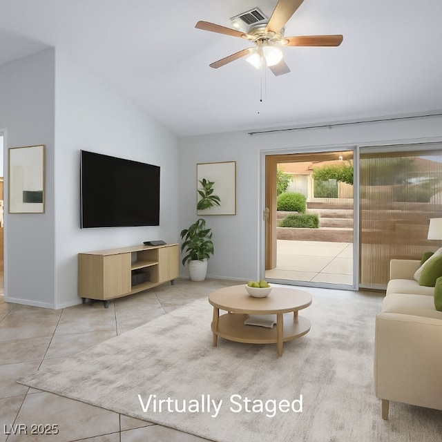 9325 Yucca Blossom Dr, Las Vegas, NV 89134 - living area with vaulted ceiling, ceiling fan, and light tile patterned floors